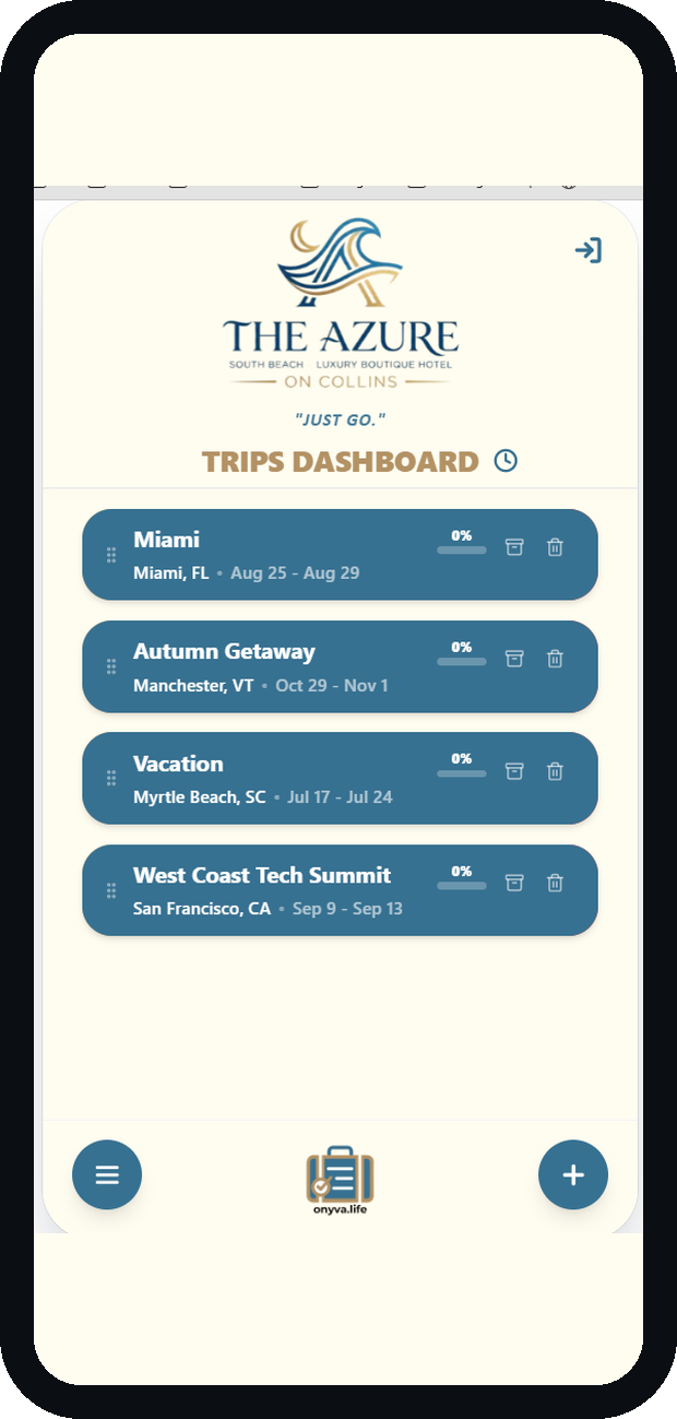 Trips dashboard branded for The Azure on Collins